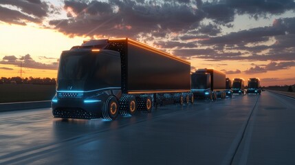 Obraz premium Futuristic Convoy of Autonomous Freight Trucks in 3D Render for Innovative Transportation Management, Generative Ai 