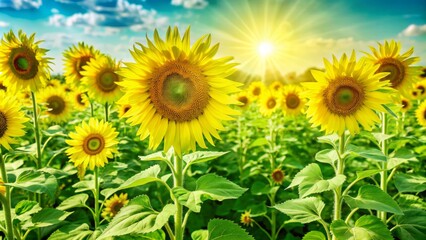 Obraz premium Vibrant yellow sunflowers stand tall in a lush green field, basking in the warm sunlight that casts a gentle glow against a brilliant blue sky.