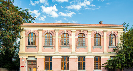 Fototapeta premium Old rum (greek) school, building facade, selective focus in the summer, heybeliada island, prince islands, adalar, istanbul
