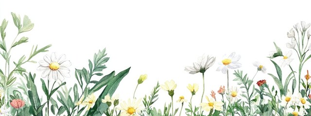 Naklejka premium Daisy floral botanical illustration featuring wild spring leaves and wildflowers Isolated watercolor backgrounds and fashion aquarelle designs with a square frame border ornament