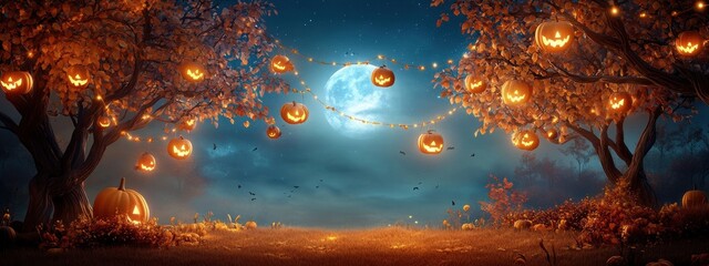 Fototapeta premium A peaceful, moonlit orchard with trees strung with soft, Halloween-themed lights and hanging decorations