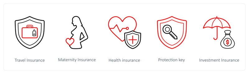 A set of 5 insurance icons such as travel insurance, maternity insurance