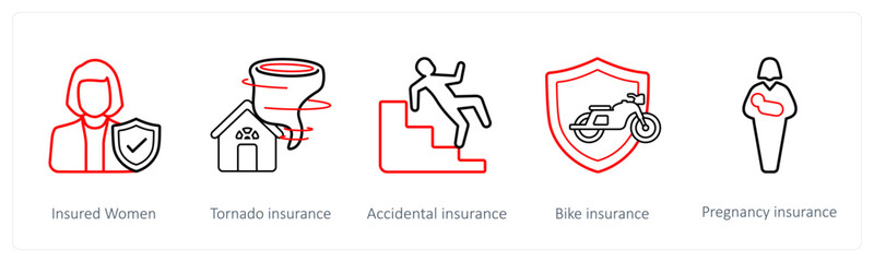 A set of 5 insurance icons such as insured women, tornado insurance