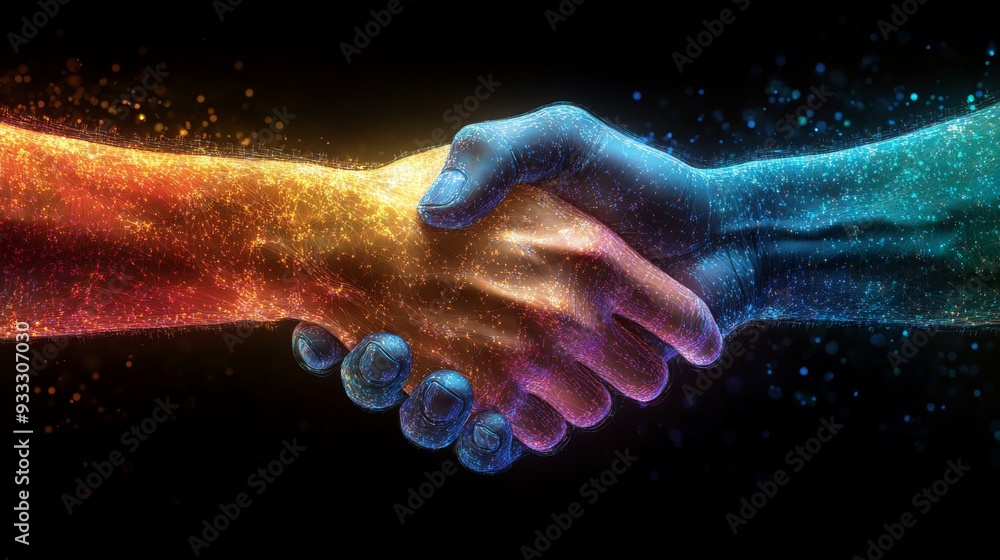 Aufkleber two hands in a handshake radiate colorful particles, symbolizing partnership and connection in a cre