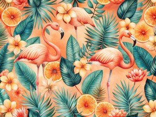 Vibrant watercolor illustration of a tropical seamless pattern featuring a flamingo amidst lush greenery and colorful summer fruits, perfect for textile fabric or wallpaper design.