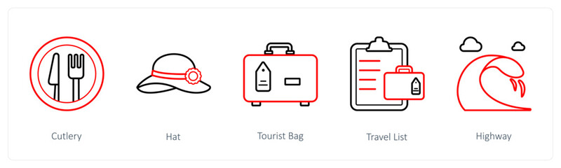 A set of 5 travel and vacation icons such as cutlery, hat, tourist bag