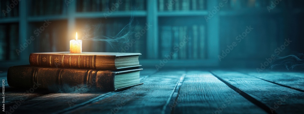 Poster a quiet ancient library with floating candles and books about magic, with subtle hints of cobwebs an