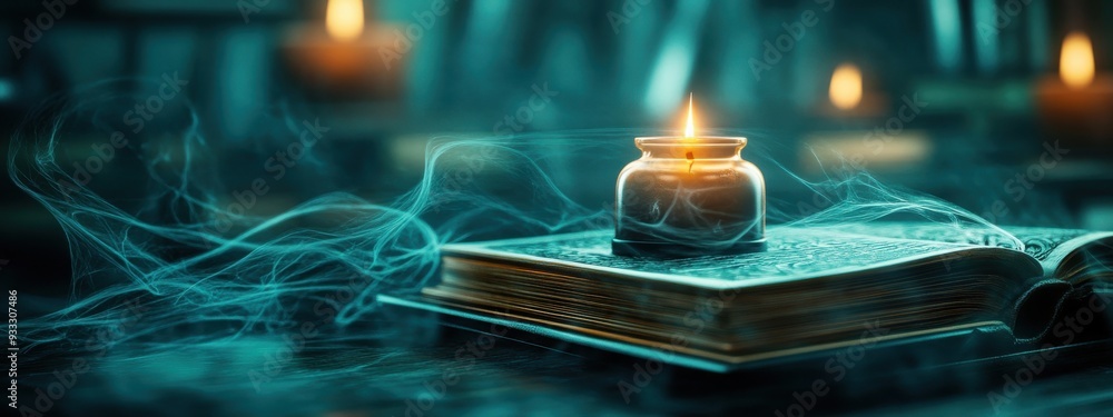 Poster a quiet ancient library with floating candles and books about magic, with subtle hints of cobwebs an