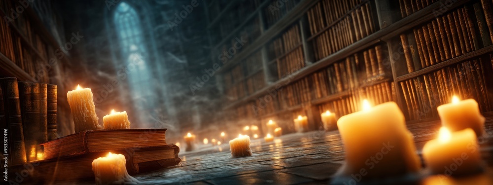 Poster a quiet ancient library with floating candles and books about magic, with subtle hints of cobwebs an