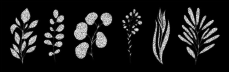 White dotted plants set isolated on black background. Halftone stipple vector illustration