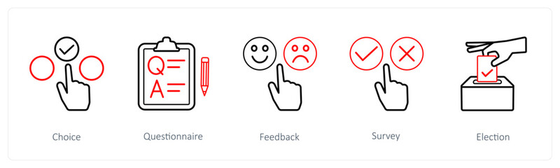 A set of 5 survey and ratings icons such as choice, questionnaire, feedback