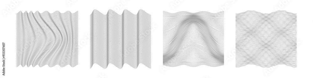 Poster vector minimal linear shapes collection. set of wireframe wavy lines. abstract 3d cyberpunk grid tex