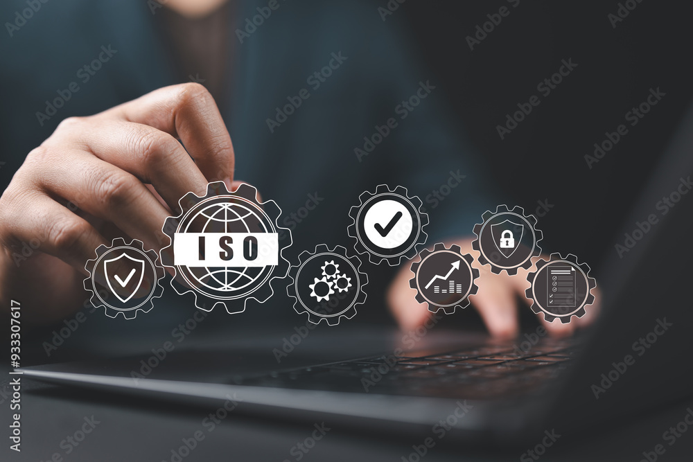 Poster iso standards quality control, assurance and warranty business technology concept. businessman using