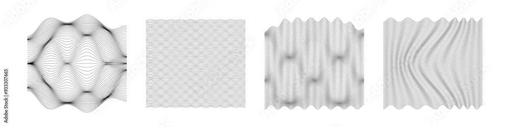 Poster vector minimal linear shapes collection. set of wireframe wavy lines. abstract 3d cyberpunk grid tex