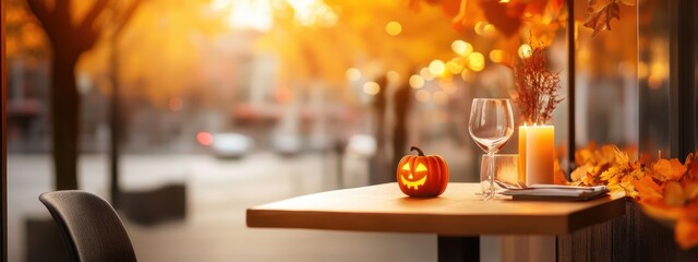 A quiet, candle-lit dinner in a small, Halloween-themed restaurant with a view of a peaceful,...