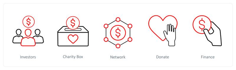 A set of 5 crowdfunding and donation icons such as investors, charity box