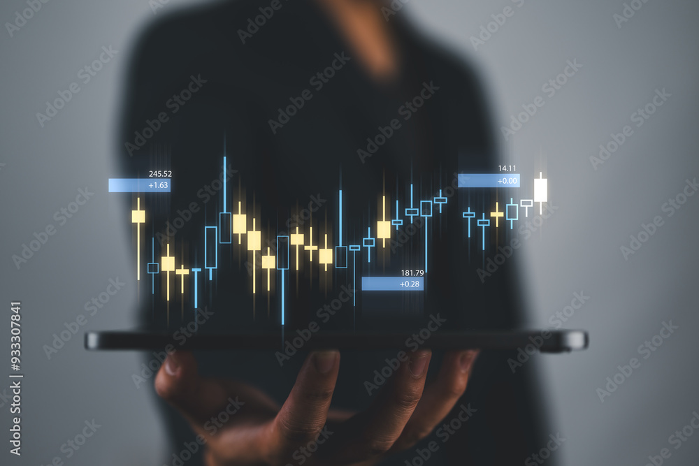 Poster businessman or trader is showing a growing virtual hologram stock, planning and strategy, stock mark