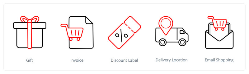 A set of 5 ecommerce and shopping icons such as gift, invoice, discount label