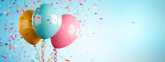  A blue backdrop features a cluster of balloons with attached streamers and confetti
