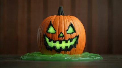Obraz premium Cartoonish Horror Theme Pumpkin Melting into Glowing Green Goo - Spooky Halloween Concept with Copy Space