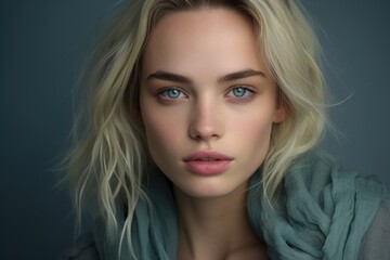 Fototapeta premium A blonde woman with blue eyes and a pinkish lip is wearing a scarf