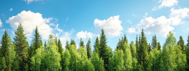 Fototapeta premium A collection of trees within a forest, framed beneath a blue sky dotted with mid-level clouds