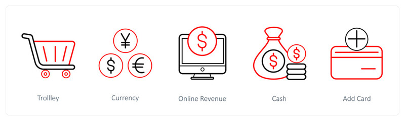 A set of 5 ecommerce and shopping icons such as trolley, currency, online revenue