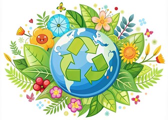 A colorful cartoon Earth surrounded by recycling symbols, green leaves, and flowers, promoting eco-friendliness and environmental awareness in a fun and playful manner.