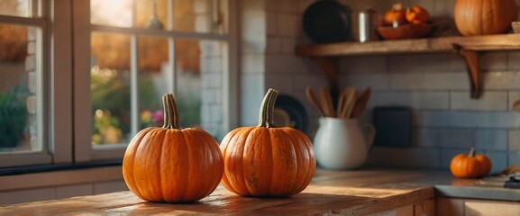 Empty wooden cooking table for mockups. Lifestyle rustic bright exposition exhibit header template. Unoccupied wooden table with a couple of pumpkins and blurry kitchen interior in the background.