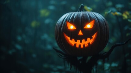 Obraz premium Sinister Pumpkin Growing on Haunted Tree with Glowing Eyes, Copy Space for Text, Selective Focus, Ultra HD