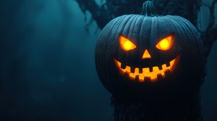 Naklejka premium Sinister Halloween Pumpkin Growing from Haunted Tree with Glowing Eyes - Spooky Season Concept with Copy Space