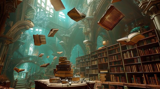 A magical library with books floating in the air.