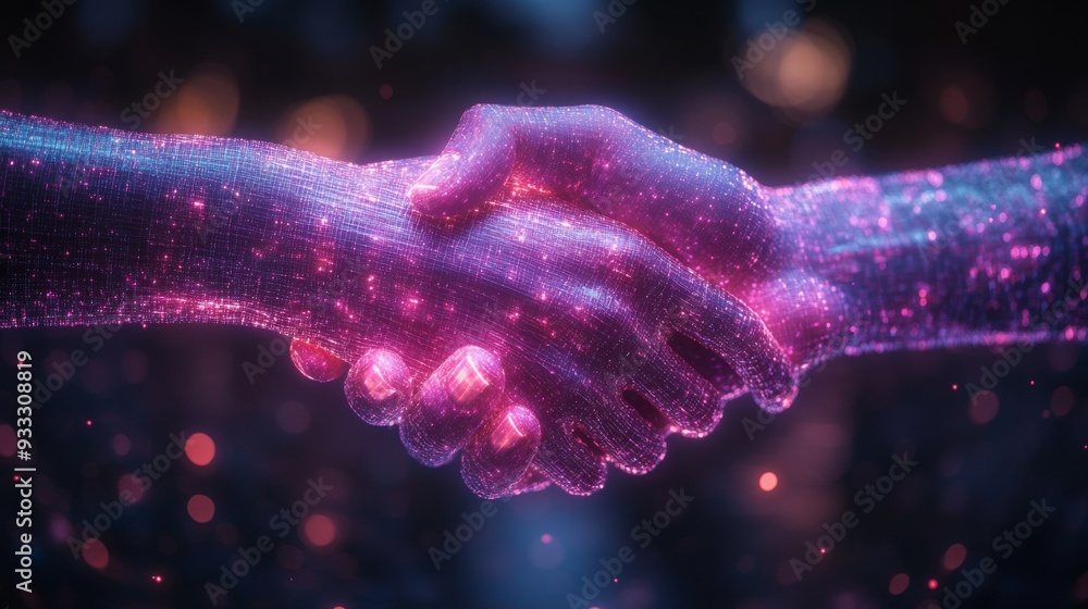 Poster two hands engage in a handshake, emanating vibrant light particles, symbolizing connection and colla