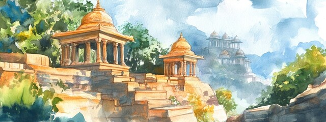 Obraz premium Hilltop temples watercolor illustration