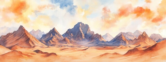 Naklejka premium Expressive and vibrant watercolor illustration depicting a surreal desert landscape featuring sand dunes and canyon like mountains beneath a striking cloudy sky This original digital artwork portr