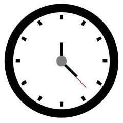 a simple analog clock with a white face and a thick black border. The clock has black hour and minute hands, and a thin red second hand. The time displayed is approximately 10:10