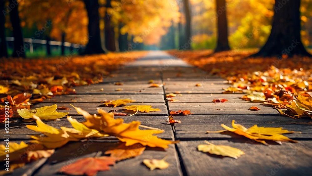 Wall mural empty pathway for mockups covered with colorful fallen leaves. unoccupied wooden path in autumn fore