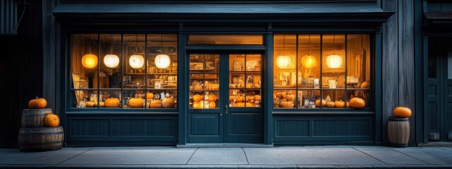 A serene antique shop at night, its windows displaying Halloween-themed antiques under soft lighting