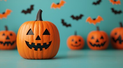 Vibrant Pumpkin Parade in Cartoon Style for Halloween Celebration with Copy Space, Selective Focus. Quality.