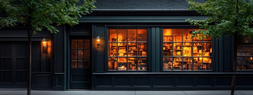 A serene antique shop at night, its windows displaying Halloween-themed antiques under soft lighting