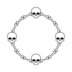minimalist linear design of round frame made of skulls and bones in black color with transparent background
