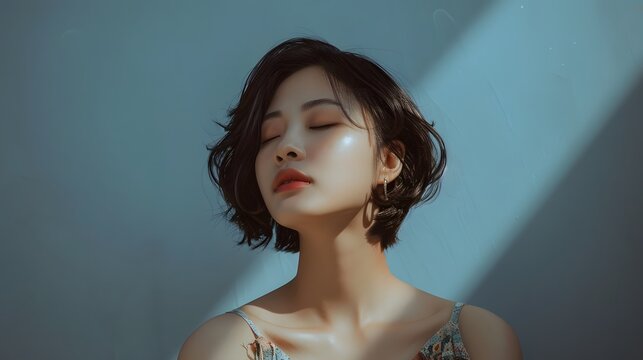 Asian woman with short hair wearing a dress