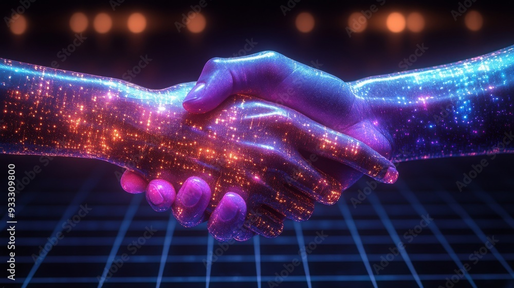 Poster two hands merging in a cosmic display of lights, representing unity and partnership in a digital lan