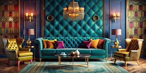 Velvet textures mingle with metallic accents, geometric patterns burst with saturated colors, evoking a luxurious nostalgia for a bygone era of glamour and sophistication.