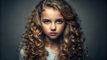 Fototapeta premium versatile dramatic portrait of girl with intense gaze and bold curls on a gradient gray background for a dynamic and powerful mood