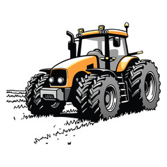 A basic, rounded tractor with oversized wheels, sitting in a field with a few lines suggesting rows of crops in the background.