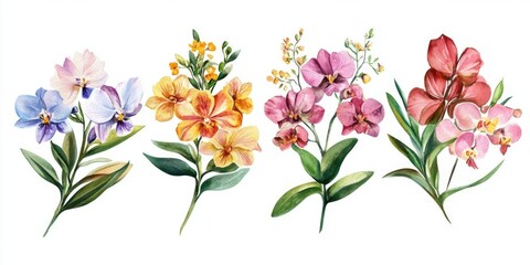 Orchid bouquets featuring botanical flowers Isolated wild spring leaves and wildflowers Set of watercolor background illustrations Fashionable watercolor drawings Square frame border ornament