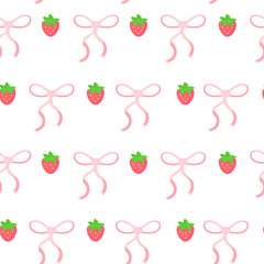 Seamless pattern with a pink bow and strawberries on a white background