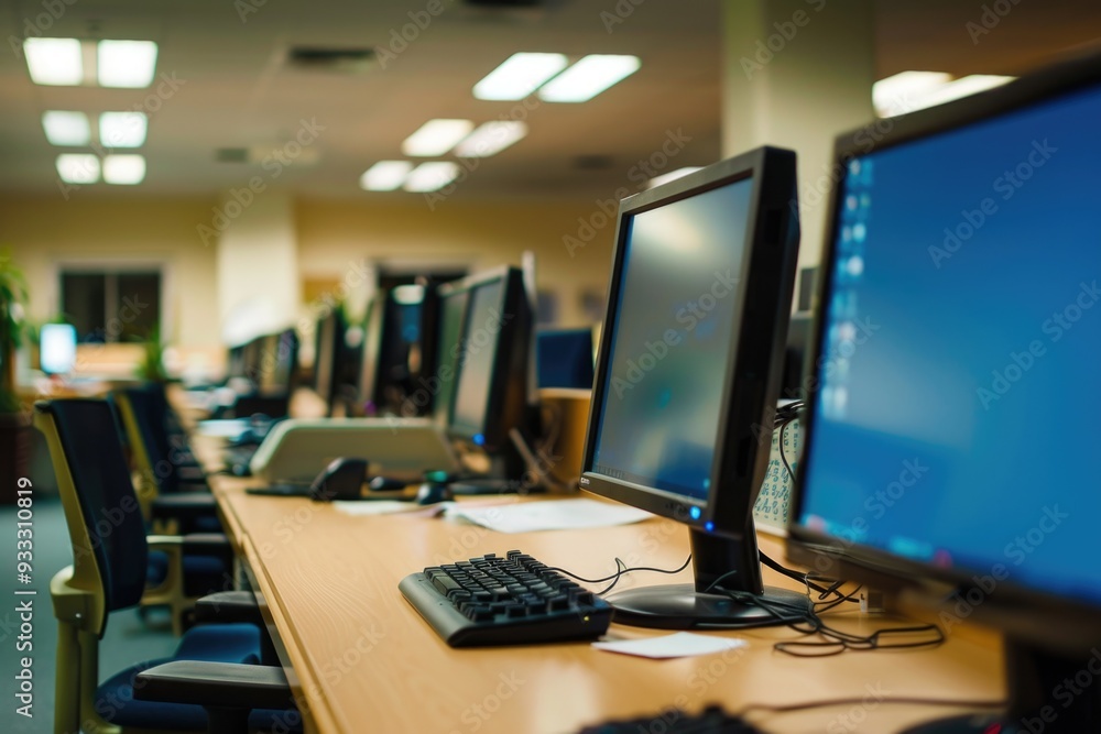 Poster row of computers on wooden desk