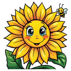A large sunflower with a smiling face in the center and a friendly bee hovering nearby.
